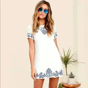 Lulu's Elegant White Mini Dress with Blue Embroidery